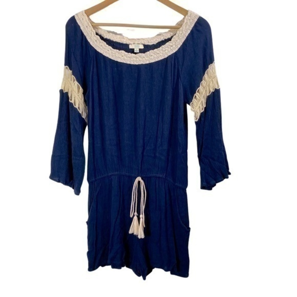 Kori America Women’s Romper Shorts - Navy Lace Off Shoulder Summer Size L